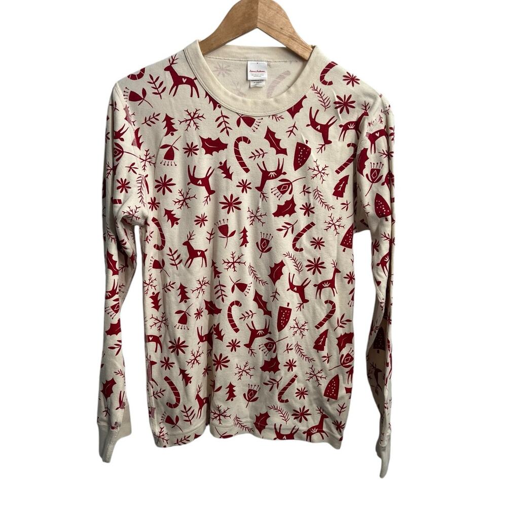 HANNA ANDERSSON Organic Cotton Holiday Pajama Top Reindeer-Dradle-Trees Sz.Small